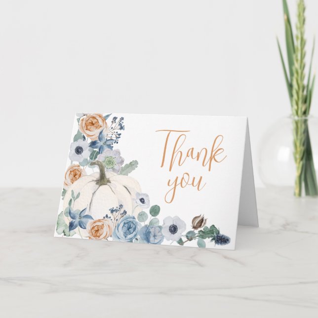 Tarjeta De Agradecimiento Duste Blue Floral White Pumpkin Baby Shower (Anverso)