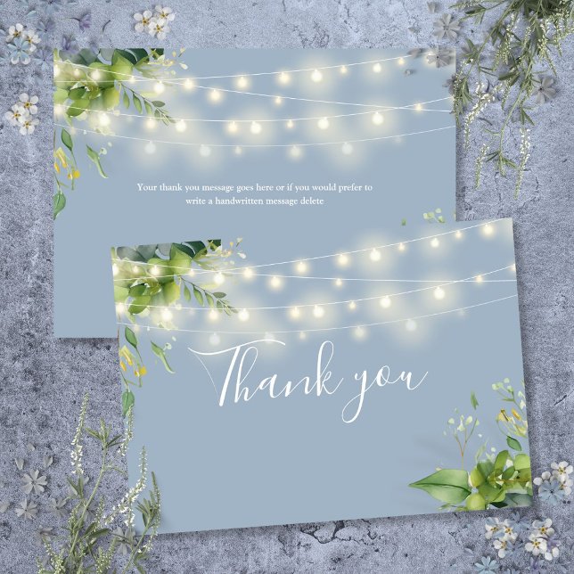 Tarjeta De Agradecimiento Duste Blue Greenery Floral String Lights (Dusty Blue Greenery Floral String Lights Thank You Card)