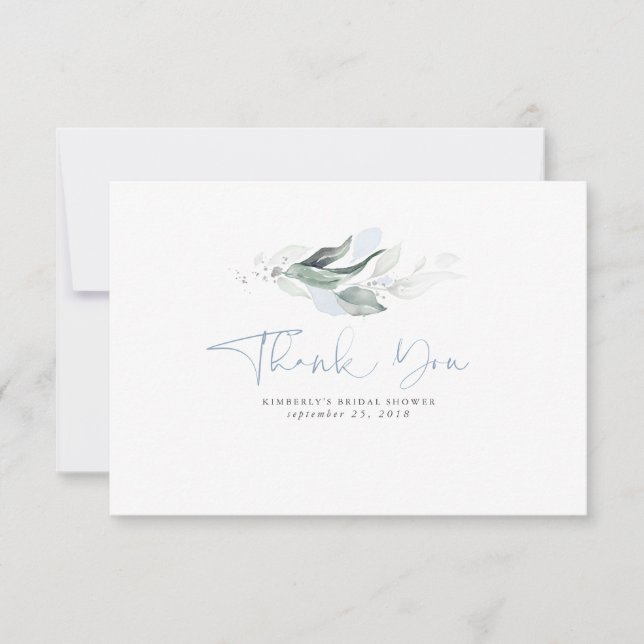 Tarjeta De Agradecimiento Duste Blue Greenery Silver deja pequeñas gracias (Anverso)
