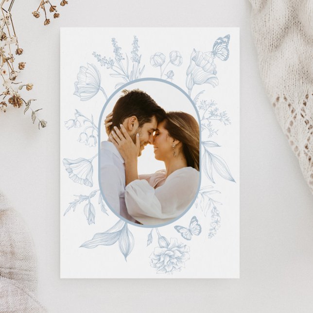 Tarjeta De Agradecimiento Duste Blue Line Art Floral Butterfly Photo (Subido por el creador)