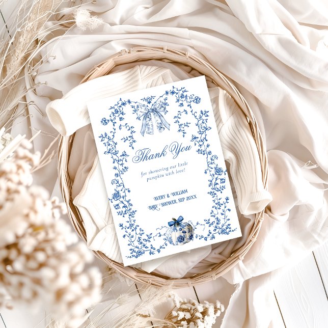 Tarjeta De Agradecimiento Duste Blue Pumpkin Fall Floral Boy Baby Shower (Subido por el creador)