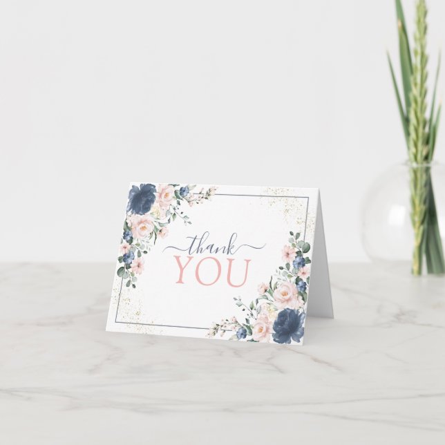 Tarjeta De Agradecimiento Duste Blue Rubor Pink Gold Floral Gracias (Anverso)