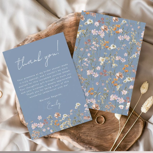 Tarjeta De Agradecimiento Duste Blue Wildflower Boho Bridal Shower (Subido por el creador)