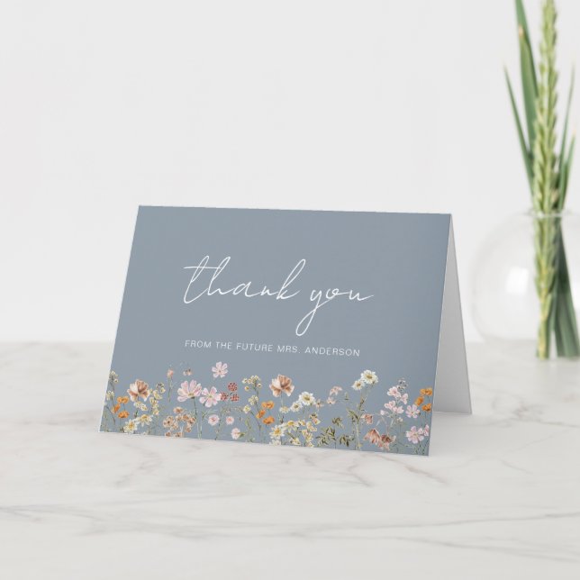 Tarjeta De Agradecimiento Duste Blue Wildflower Bridal Shower (Anverso)