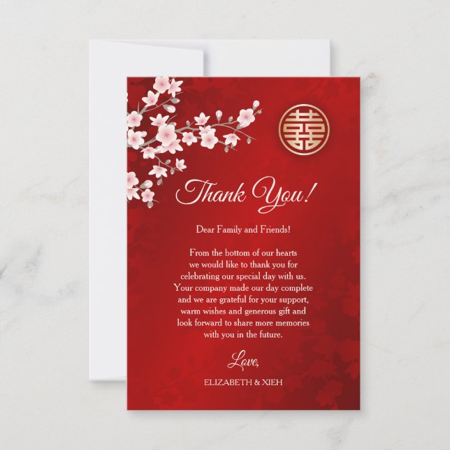 Tarjeta De Agradecimiento Duste Boda chino con flores de cerezo rosado (Anverso)
