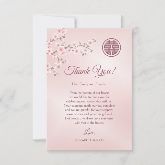 Tarjeta De Agradecimiento Duste Boda chino con flores de cerezo rosado (Anverso)