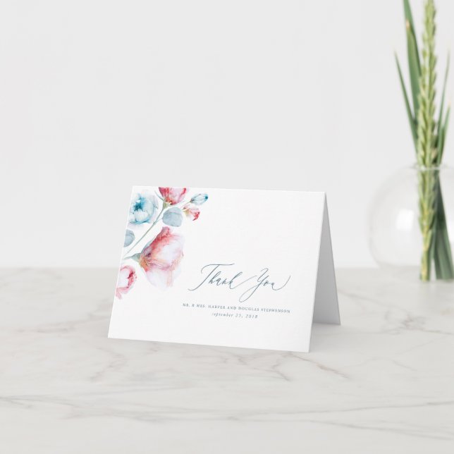 Tarjeta De Agradecimiento Duste Boda floral azul y rosa gracias (Anverso)