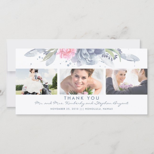 Tarjeta De Agradecimiento Duste Boda floral azul y rosa gracias (Anverso)