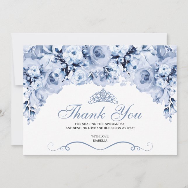 Tarjeta De Agradecimiento Duste Floral Azul Quinceanera Gracias (Anverso)