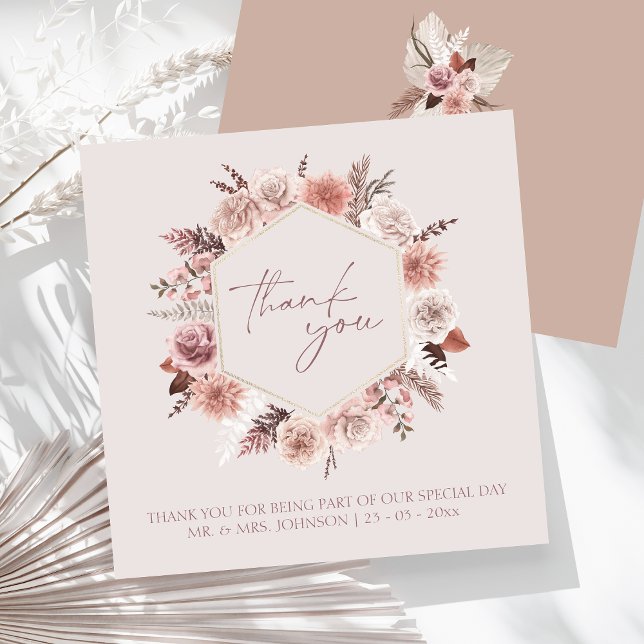 Tarjeta De Agradecimiento Duste Rosa Boho Pampas Boda plano Gracias (Boho Dusty Pink Dried Flowers Wreath Wedding Thank You Card)