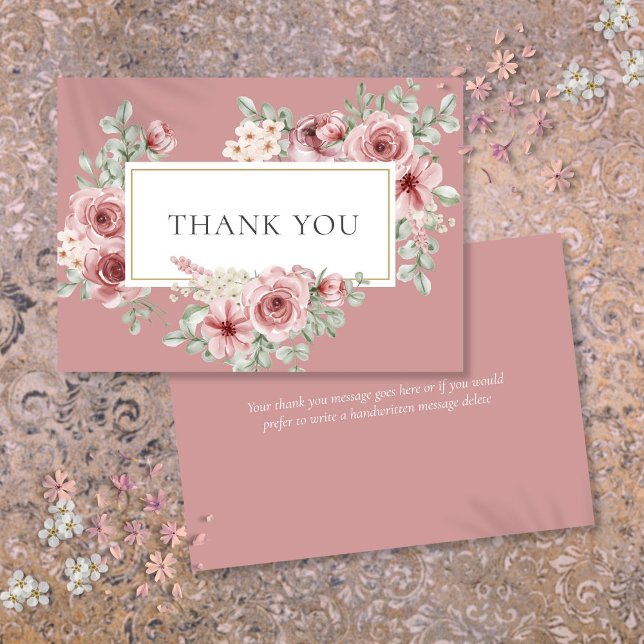 Tarjeta De Agradecimiento Duste Rosa Floral Gold Geométrico (Dusty Rose Floral Gold Geometric Thank You Card)