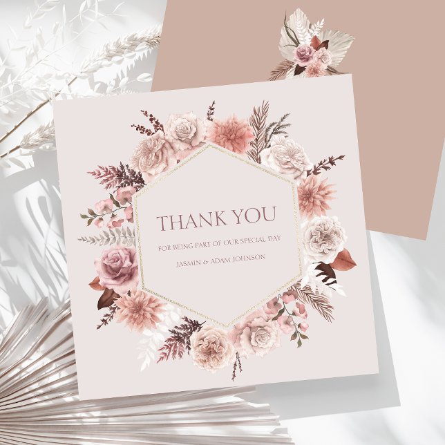 Tarjeta De Agradecimiento Duste Rosa Pampas Grass Flat Boda Gracias (Boho Dusty Pink Dried Flowers Wreath Wedding Thank You Card)