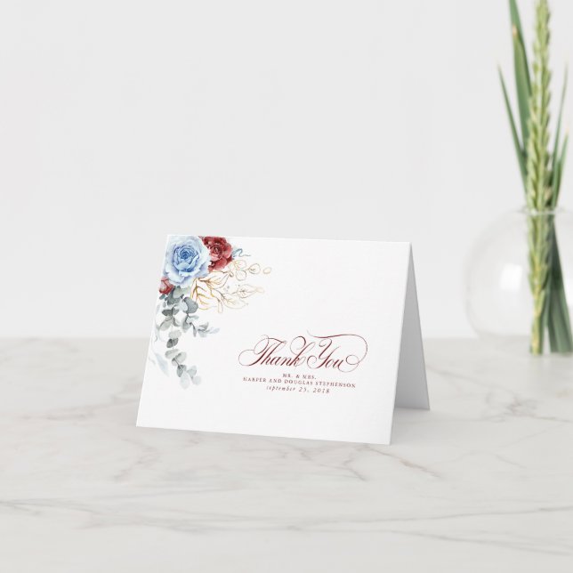 Tarjeta De Agradecimiento Dusty Blue and Red Flowers Boho Thank You (Anverso)