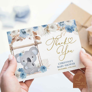 Tarjeta De Agradecimiento Dusty Blue Boho Koala Baby Shower