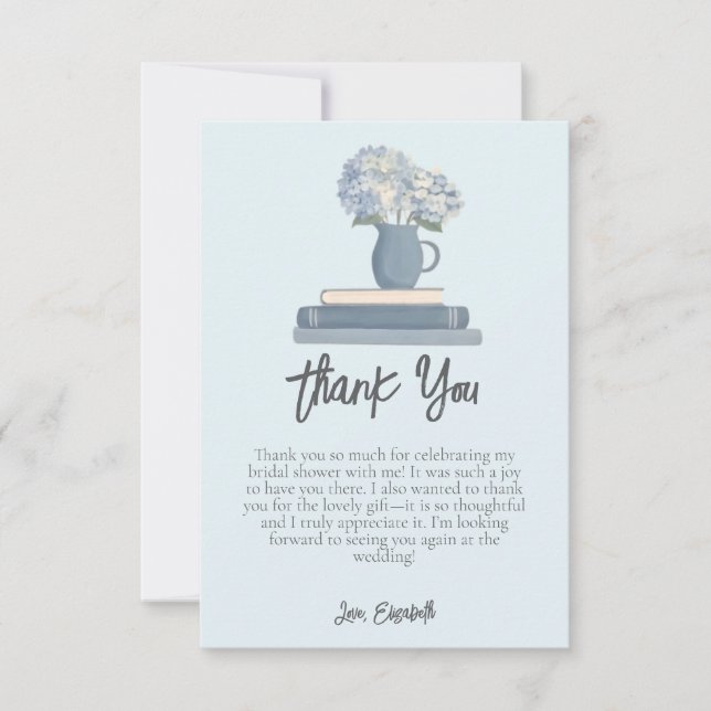 Tarjeta De Agradecimiento Dusty Blue Books Hydrangea Flores Despedida de Sol (Anverso)