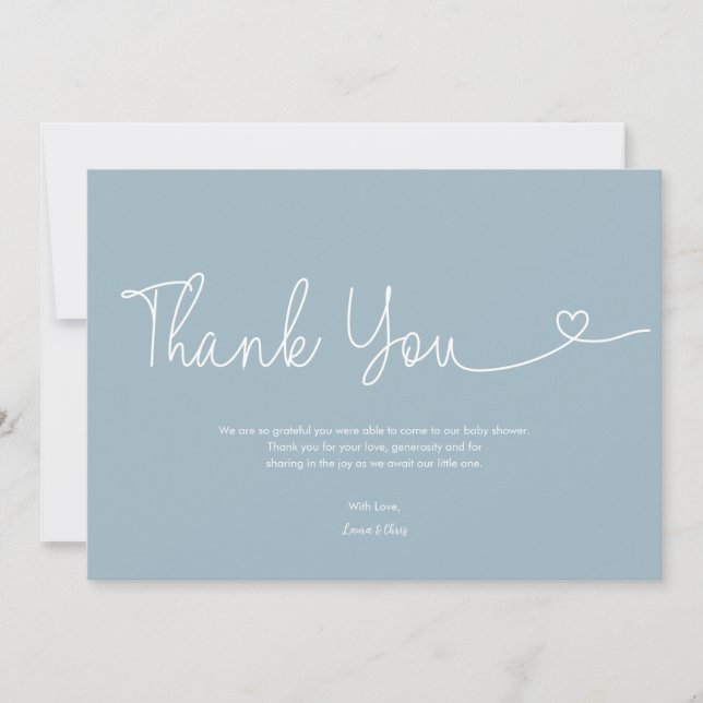Tarjeta De Agradecimiento Dusty Blue Boy Baby Shower Script Heart (Anverso)