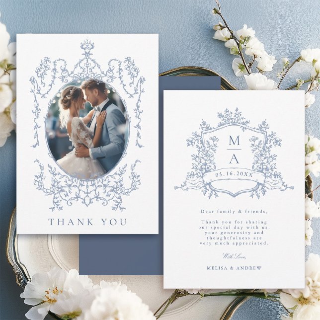 Tarjeta De Agradecimiento Dusty Blue Classic Floral Frame Wedding Photo      (Front & Back)