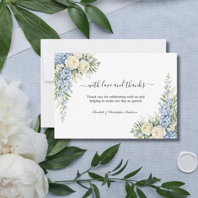 Tarjeta De Agradecimiento Dusty Blue Cream Floral Greenery Wedding (Dusty Blue, cream and white watercolor florals wedding thank you cards. Personalized)