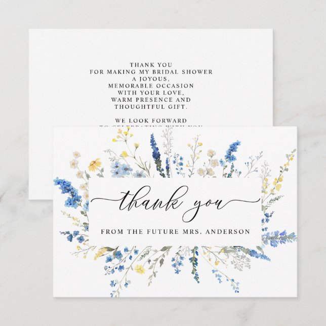 Tarjeta De Agradecimiento Dusty Blue Dainty Flores salvajes Boho Bridal Show (Anverso / Reverso)
