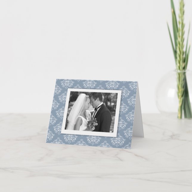 Tarjeta De Agradecimiento Dusty blue Elegant Damask Photo (Anverso)