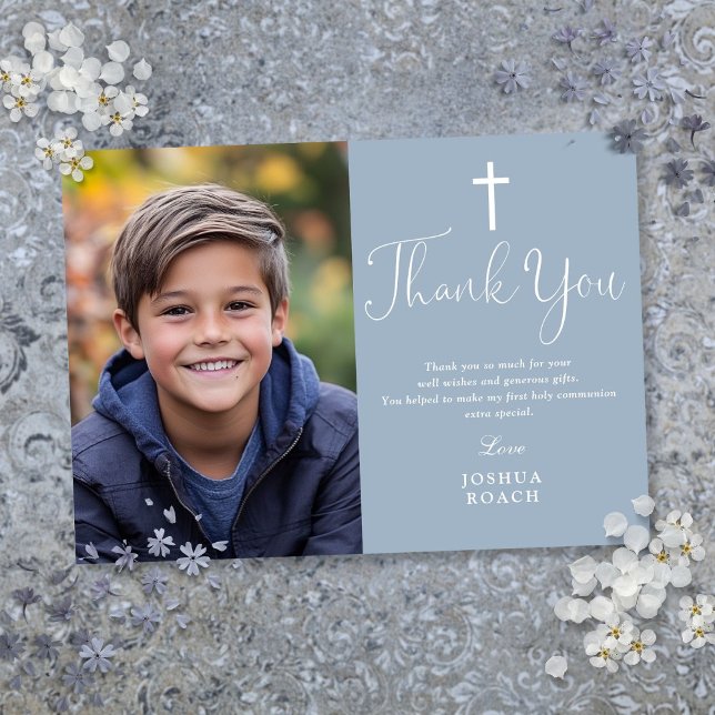 Tarjeta De Agradecimiento Dusty Blue Elegant Foto Primera Comunión Sagrada (Dusty Blue Elegant Photo First Holy Communion Thank You Card)