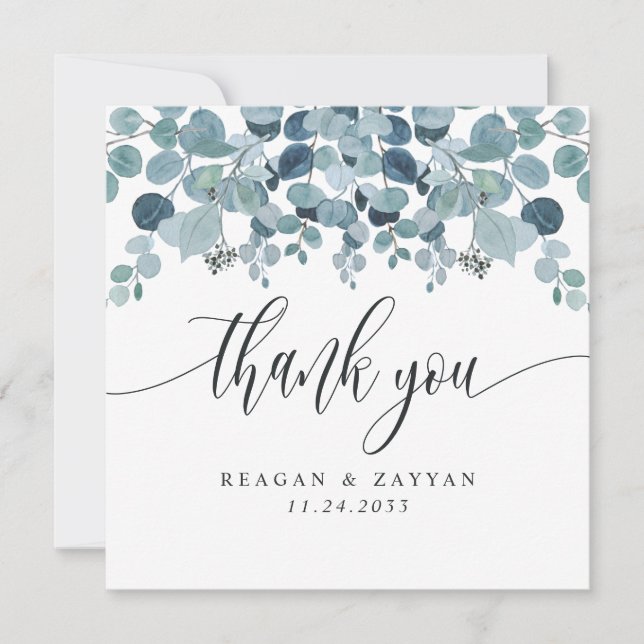 Tarjeta De Agradecimiento Dusty Blue Eucalyptus Greenery Boda (Anverso)