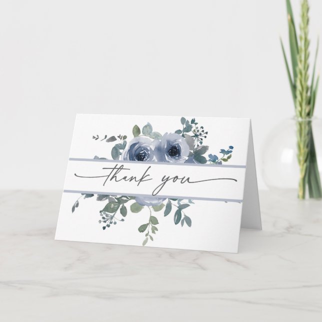 Tarjeta De Agradecimiento Dusty Blue Floral and Grey Wedding Thank You Card (Anverso)