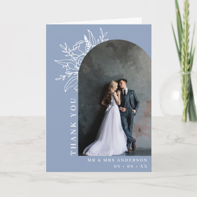 Tarjeta De Agradecimiento Dusty Blue Floral Arch Boda de fotografía doblado (Anverso)