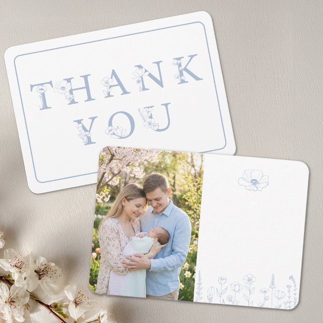 Tarjeta De Agradecimiento Dusty Blue Floral Baby Shower Thank You Photo Card (Dusty Blue Photo Thank You Card)