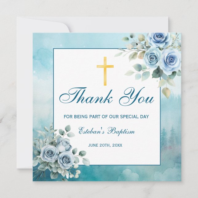 Tarjeta De Agradecimiento Dusty Blue Floral Baptism Boy Religious (Anverso)