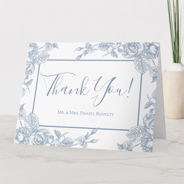 Tarjeta De Agradecimiento Dusty Blue Floral Boda Foto Gracias (Anverso)