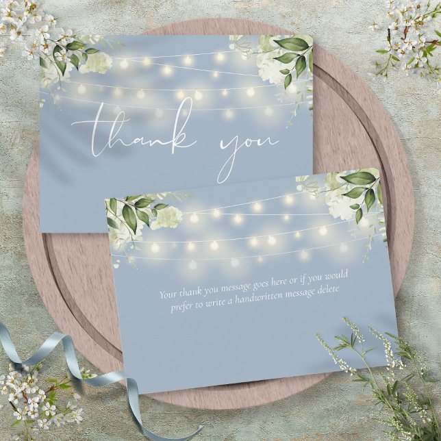 Tarjeta De Agradecimiento Dusty Blue Floral Greeneration String Lights (Dusty Blue Floral Greenery String Lights Thank You Card)