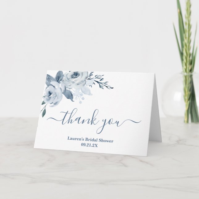 Tarjeta De Agradecimiento Dusty Blue Floral novia ducha (Anverso)