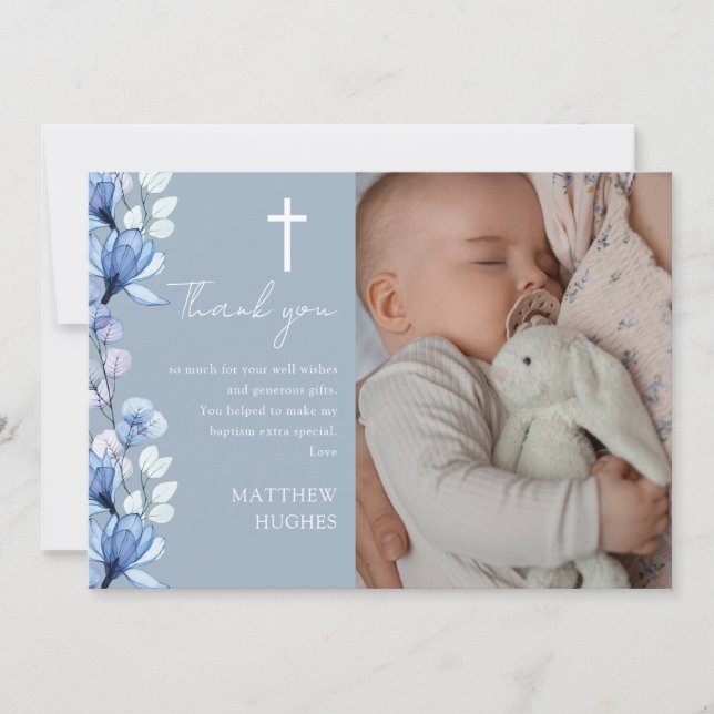 Tarjeta De Agradecimiento Dusty Blue Floral Photo Baptism Christening (Anverso)