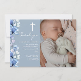 Tarjeta De Agradecimiento Dusty Blue Floral Photo Baptism Christening