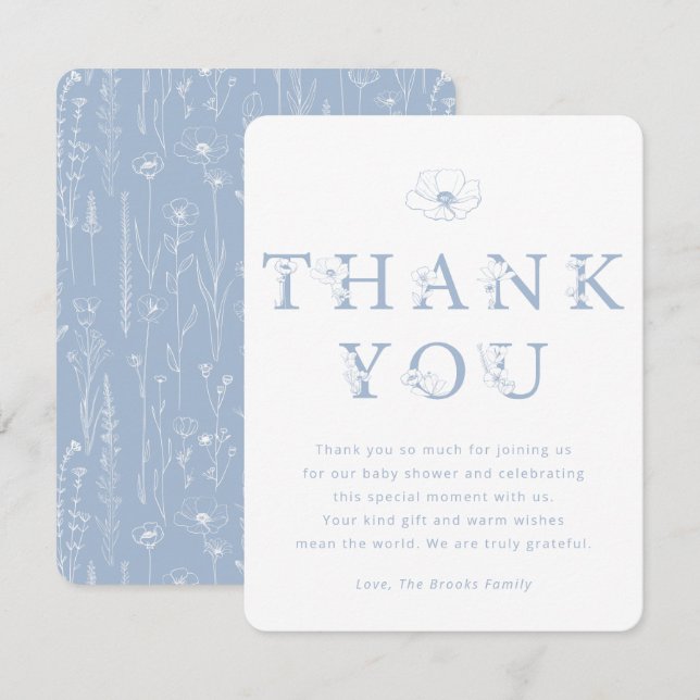 Tarjeta De Agradecimiento Dusty Blue Floral Thank You Card | Baby Shower (Anverso / Reverso)