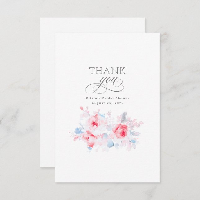 Tarjeta De Agradecimiento Dusty Blue Flowers Bridal Shower Gracias (Anverso / Reverso)