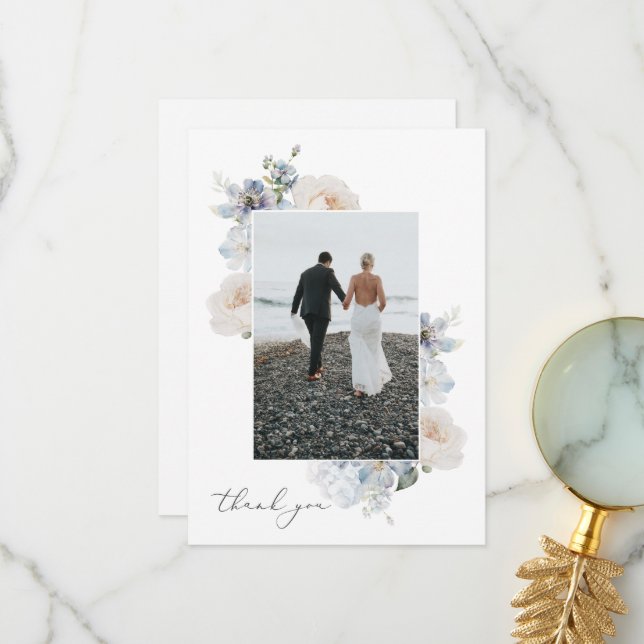 Tarjeta De Agradecimiento Dusty Blue Garden Boda Floral Foto (Anverso/Reverso In Situ)