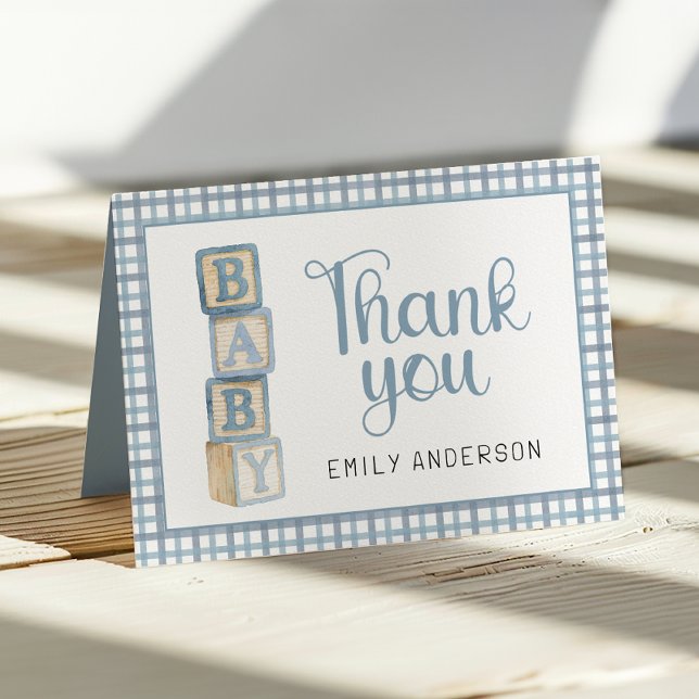 Tarjeta De Agradecimiento Dusty Blue Gingham Baby Thank You Card | Blocks (Thank You Card)