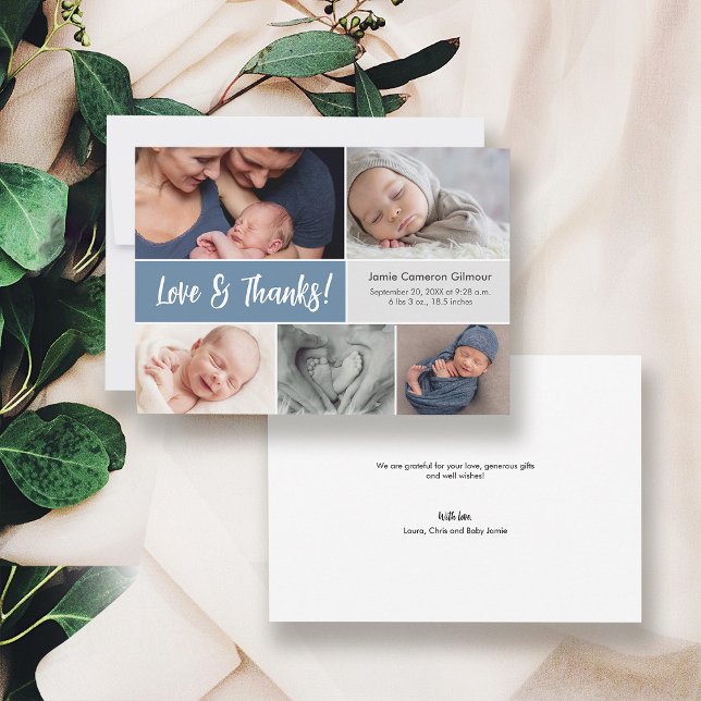 Tarjeta De Agradecimiento Dusty Blue Love & Gracias Multi Photos Baby Shower (Love and thanks front and back sides of dusty blue birth announcement thank you card.)