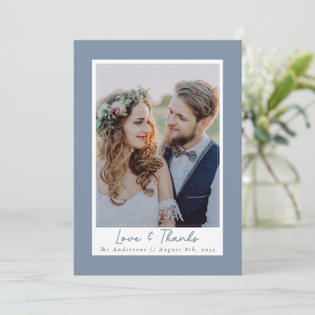 Tarjeta De Agradecimiento Dusty Blue Love & Gracias Photo Boda (Anverso de pie)