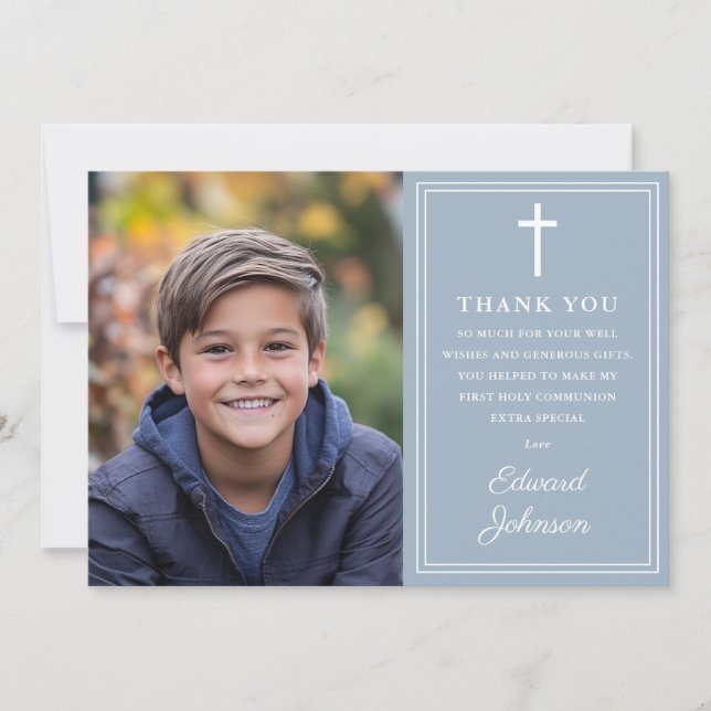 Tarjeta De Agradecimiento Dusty Blue Modern Photo First Holy Communion (Anverso)