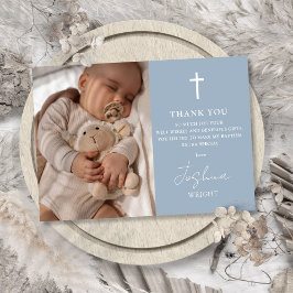 Tarjeta De Agradecimiento Dusty Blue Modern Script Photo Baptism Christening