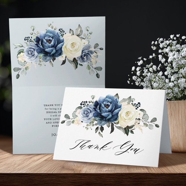 Tarjeta De Agradecimiento Dusty Blue Navy Champagne ducha marfil-novia (Dusty Blue Navy Champagne Ivory Bridal Shower folded Thank You Card)