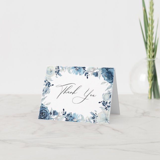 Tarjeta De Agradecimiento Dusty Blue Navy Floral Gracias (Anverso)