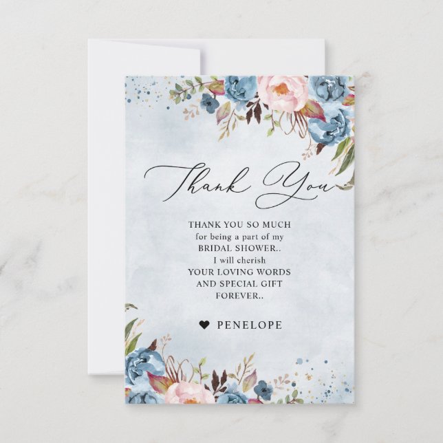 Tarjeta De Agradecimiento Dusty Blue Peach Rubor Botanal Bridal Shower (Anverso)