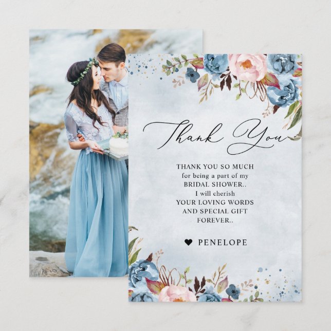 Tarjeta De Agradecimiento Dusty Blue Peach Rubor Botanical Bridal Shower (Anverso / Reverso)