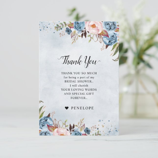 Tarjeta De Agradecimiento Dusty Blue Peach Rubor Botanical Bridal Shower (Anverso de pie)
