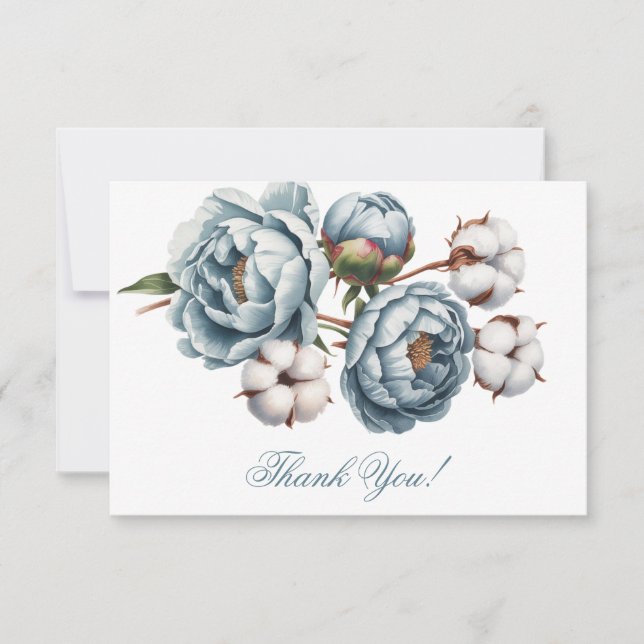 Tarjeta De Agradecimiento Dusty Blue Peony and Cotton Wedding (Anverso)