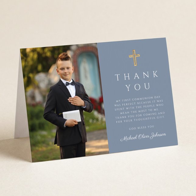 Tarjeta De Agradecimiento Dusty Blue Photo Boy First Communion Folded (Dusty Blue Photo Boy First Communion Folded Thank You Card)